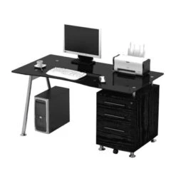 ΓΡΑΦΕΙΟ 150x80x75εκ Μέταλλο Βαφή Μαύρο - MDF Μαύρο - Γυαλί Μαύρο