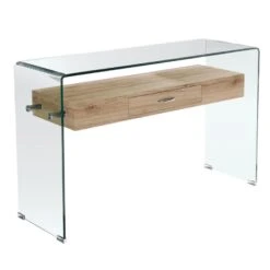 GLASSER Wood Κονσόλα Γυαλί Clear 12mm - Ράφι με Συρτάρι 120x40x75εκ Απόχρωση Δρυς