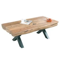 VILLAGE Τραπεζάκι Σαλονιού Καθιστικού, 118x60x40εκ Μέταλλο Βαφή Μαύρο, Ξύλο Ακακία Φυσικό