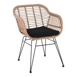 SALSA Πολυθρόνα Τραπεζαρίας Κήπου, 56x61x85εκ Μέταλλο Βαφή Μαύρο, Wicker Φυσικό, Μαξιλάρι Μαύρο