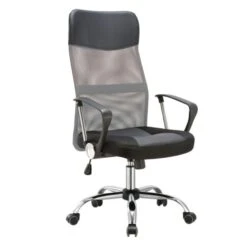 BF2400-PVC Πολυθρόνα Γραφείου Διευθυντή, Βάση Χρώμιο, 61x68x108/118εκ Pvc - Mesh, Γκρι - Μαύρο