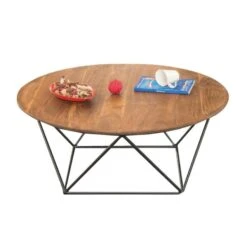 MOVVA Τραπεζάκι Σαλονιού Καθιστικού, Φ90xH.36εκ Μέταλλο Βαφή Μαύρο, Ξύλο Ακακία Φυσικό