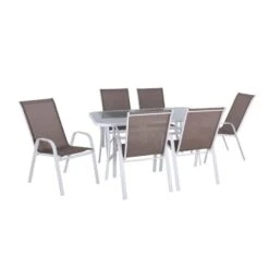 RIO Set Τραπεζαρία Κήπου Άσπρο Table:150x90x71 Armch:55x74x91 Μέταλλο,Textilene Cappuccino: Τραπέζι + 6 Πολυθρόνες