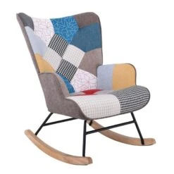 ALMA Rocking Πολυθρόνα Μπερζέρα Καθιστικού, 67x86x92εκ Ύφασμα Patchwork, Βάση Μαύρο-Φυσικό