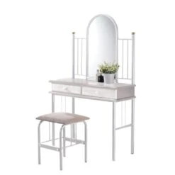 FLORA SET Τουαλέτα με Καθρέπτη + Σκαμπό 2 Συρτάρια, 90x37x148εκ - Stool:40x34x47εκ Μέταλλο Βαφή Άσπρο, Ξύλο Άσπρο