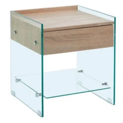 GLASSER Wood Κομοδίνο Διάφανο Γυαλί 10mm - με Συρτάρι 45x45x50εκ Απόχρωση Δρυς