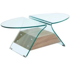 GLASSER Wood Τραπεζάκι Σαλονιού Oval, Διάφανο Γυαλί 12mm, Ράφι 100x54x39εκ Απόχρωση Δρυς
