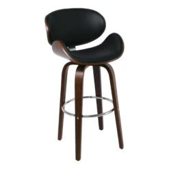 GOMEZ Σκαμπό BAR με Πλάτη, 54x57x76/107εκ Απόχρωση Καρυδί, PU Μαύρο Περιστρεφόμενο