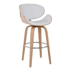 GOMEZ Σκαμπό BAR με Πλάτη, 54x57x76/107εκ Απόχρωση Φυσικό, PU Άσπρο, Περιστρεφόμενο