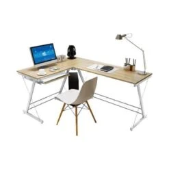 ΓΡΑΦΕΙΟ Η/Υ Γωνία, Μέταλλο Βαφή Άσπρο, Επιφάνεια 158x120x48x73εκ Απόχρωση Maple