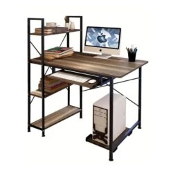 ΓΡΑΦΕΙΟ 4 Ράφια - Βάση Η/Υ - Συρταρωτή Θέση Πληκτρολογίου, 100x48x73/118εκ Μέταλλο Μαύρο, Καρυδί