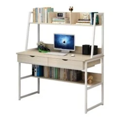 ΓΡΑΦΕΙΟ 2 Συρτάρια 2 Ράφια Μέταλλο Βαφή Άσπρο, MDF - Melamine 100x48x74/138εκ Απόχρωση Maple