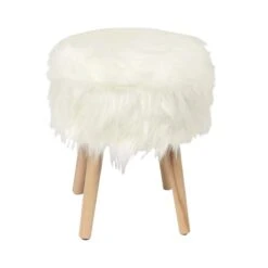 JAMO Αποθηκευτικό Σκαμπό Βοηθητικό, Συνθετική Γούνα 38x38x47εκ Άσπρο, Πόδια Φυσικό.