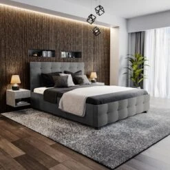 Κρεβάτι Roi Pakoworld διπλό 160x200 ύφασμα ανθρακί + αποθηκευτικό χώρο