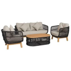 MARK Set Σαλόνι Κήπου 4 τεμαχίων Acacia Φυσικό, Rope Wicker 2 Πολυθρόνες+Καναπές+Τραπεζάκι Μαύρο, Μαξιλάρια Μπεζ