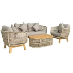 MARK Set Σαλόνι Κήπου 4τεμ, Acacia Φυσικό, Μαξιλάρια 2 Πολυθρ+1 Καναπ+1 Τραπεζάκι Μπεζ Rope Wicker