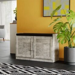 Παπουτσοθήκη-Σκαμπό Crispy Pakoworld 9 ζεύγων χρώμα Antique ανθρακί με μαξιλάρι 94x34,5x60εκ