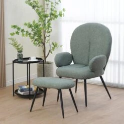 Πολυθρόνα με υποπόδιο Qarar Pakoworld μπουκλέ ύφασμα σε μέντα απόχρωση με μαύρα μεταλλικά πόδια 67.5x67.5x106εκ