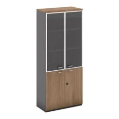 PROLINE Βιβλιοθήκη Γραφείου, 3 Ράφια Πόρτες Γυαλί, Ντουπάπι, 80x40x200εκ Απόχρωση Καρυδί Δρυς - Μαύρο