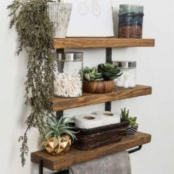 Ραφιέρα τοίχου Suny Pakoworld μασίφ ξύλο πεύκου καρυδί-μαύρο 75x9x68εκ