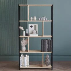 Ραφιέρα-Βιβλιοθήκη Fitabo Pakoworld μαύρο μέταλλο σε Oak απόχρωση 75x22x151εκ