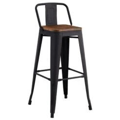 RELIX Wood Σκαμπό Bar με Πλάτη,Μέταλλο Βαφή Μαύρο Extra Matte, 44x44x76/97εκ Απόχρωση Ξύλου Dark Oak