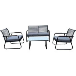 ROCCO Set Σαλόνι Κήπου 4τεμ, 2 Πολυθρ+1 Καναπ+1 Τραπεζάκι Μέταλλο Μαύρο,RopeWicker Γκρι, Μαξιλ.Σκούρο Γκρι, Γυαλί Μαύρο