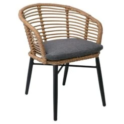 SALSA Πολυθρόνα Στοιβαζόμενη, 57x63x74εκ Αλουμίνιο Βαφή Μαύρο,Wicker Φυσικό, Μαξιλάρι Γκρι