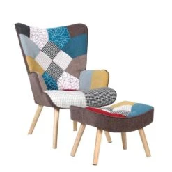 ALMA Πολυθρόνα - Μπερζέρα με Σκαμπό - Υποπόδιο Φυσικό 69x76x97εκ / 52x38x35εκ Ύφασμα Patchwork, K/D