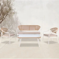 PALERMO Set Καθιστικό Κήπου 88x48x40-124x63x78-60x63x78εκ Μεταλλικό Άσπρο,Wicker Φυσικό: Τραπέζι+2 Θέσιος+2 Πολυθρόνες