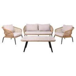 SALSA Plus Set Σαλόνι Κήπου 110x55x44-149x74x71-71x71x71εκ ALU Μαύρο-Γυαλί-Wicker Φυσικό: Τραπέζι+2 Θέσιος+2 Πολυθρόνες