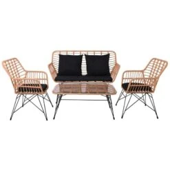 SALSA MAX Living Set Κήπου 4 τεμαχίων, 106x55x45-147x70x105-65x67x96 Μέταλλο Βαφή Μαύρο, Wicker Φυσικό, Μαξιλάρια Μαύρο