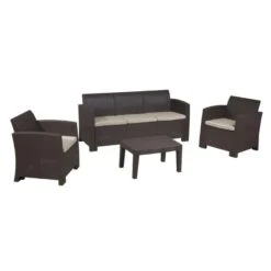 SAVANNA Set Σαλόνι Κήπου Βεράντας K/D, Table+Sofa 3Seater+2 Armchairs PP-UV Καφέ Μαξιλάρια Grey-White