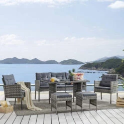 JOCKEY Set Dining Καθιστικό: Τραπέζι+3Θέσιος+2 Πολυθρόνες+ 2 Σκαμπό, Table:120x66x66εκ Set 7 Seats Μέταλλο, Wicker Γκρι