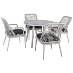 CENTRAL Set Τραπεζαρία Κήπου Table:Φ100x75 Chair:61x65x90εκ ALU & Rope Grey-Μαξιλ.Ανθρακί: Τραπέζι Φ100cm + 4 Πολυθρόνες
