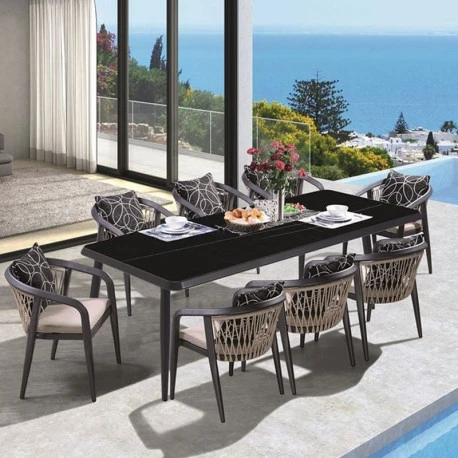 JARDIN Τραπεζαρία Table:220x100x75 Chair63x62x77 ALU Ανθρακί, HPL Μαύρο, Rope Μπεζ: Τραπέζι + 8 Πολυθρόνες με Μαξιλάρια 1 JARDIN Τραπεζαρία Table:220x100x75 Chair63x62x77 ALU Ανθρακί, HPL Μαύρο, Rope Μπεζ: Τραπέζι + 8 Πολυθρόνες με Μαξιλάρια