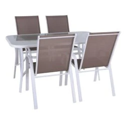 RIO Set Τραπεζαρία Κήπου Άσπρο Table:120x70x71 Armch:55x74x91 Μέταλλο, Textilene Cappuccino: Τραπέζι + 4 Πολυθρόνες