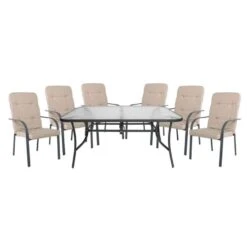 ASTOR Set Τραπεζαρία Κήπου: Τραπέζι + 6 Πολυθρόνες Table:150x90x75 Chair60x77x104 Μέταλλο Ανθρακί, Γυαλί, Μαξιλάρι Μπεζ