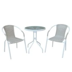 BALENO Set Κήπου - Βεράντας: Τραπέζι + 2 Πολυθρόνες Table:Φ60x70 Armchair:53x58x77 Μέταλλο Άσπρο - Wicker Beige