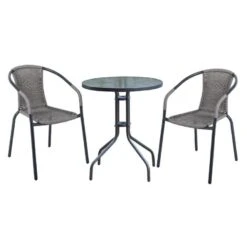 BALENO Set Κήπου - Βεράντας: Τραπέζι + 2 Πολυθρόνες Table:Φ60x70 Armchair:53x58x77 Μέταλλο Ανθρακί - Wicker Mixed Grey