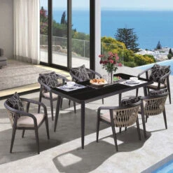 JARDIN Τραπεζαρία Table:180x90x75 Chair:63x62x77 ALU Ανθρακί, HPL Μαύρο, Rope Μπεζ: Τραπέζι + 6 Πολυθρόνες με Μαξιλάρια