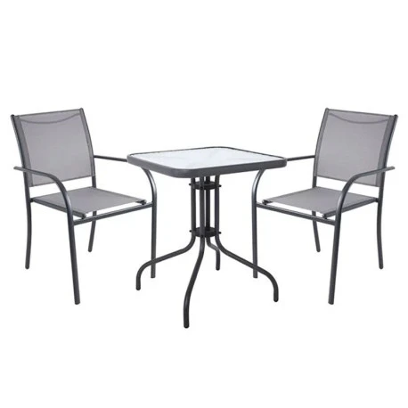 LANGLEY Set Κήπου: Τραπέζι + 2 Πολυθρόνες Στοιβαζόμενες Table:60x60x70 Chair:55x68x87 Μέταλλο Ανθρακί,Textilene Γκρι 1 LANGLEY Set Κήπου: Τραπέζι + 2 Πολυθρόνες Στοιβαζόμενες Table:60x60x70 Chair:55x68x87 Μέταλλο Ανθρακί,Textilene Γκρι