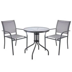 LANGLEY Set Κήπου: Τραπέζι + 2 Πολυθρόνες Στοιβαζόμενες Table:Φ60x70εκ Chair:55x68x87 Μέταλλο Ανθρακί,Textilene Γκρι