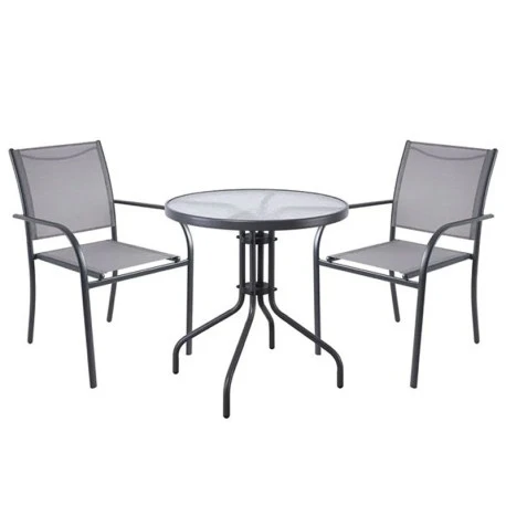 LANGLEY Set Κήπου: Τραπέζι + 2 Πολυθρόνες Στοιβαζόμενες Table:Φ60x70εκ Chair:55x68x87 Μέταλλο Ανθρακί,Textilene Γκρι 1 LANGLEY Set Κήπου: Τραπέζι + 2 Πολυθρόνες Στοιβαζόμενες Table:Φ60x70εκ Chair:55x68x87 Μέταλλο Ανθρακί,Textilene Γκρι