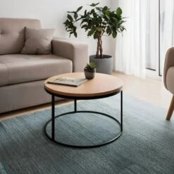 Τραπέζι σαλονιού Drion Pakoworld Oak μελαμίνης-μαύρο μέταλλο Φ60x40εκ