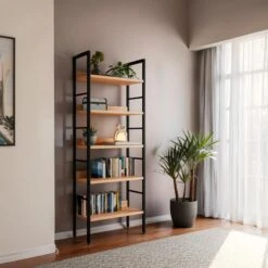 Βιβλιοθήκη Elbo Pakoworld φυσικό-μαύρο μέταλλο 60x28x160εκ