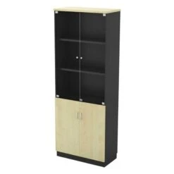 ΒΙΒΛΙΟΘΗΚΗ Γραφείου με Πόρτες Γυάλινες, Ντουλάπι Δίφυλλο, 80x40x211εκ Απόχρωση Dark Grey - Beech